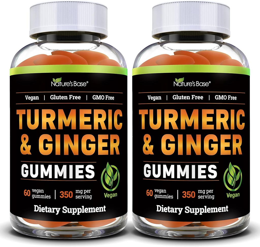 Nature's Base Turmeric and Ginger Gummies for Adults (2 Pack) - Tumeric Curcumin Supplement to Support Joint Health & Immune Support - 120 Vegan Gummies