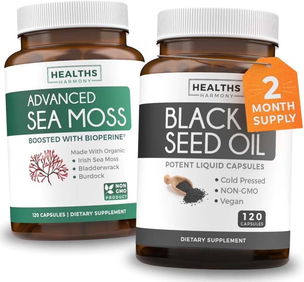 Black Seed Oil & Irish Sea Moss (2-Month Supply) - Wellness Duo Bundle of Black Seed Oil (120 Capsules) Cold-Pressed Nigella Sativa & Irish Sea Moss (120 Capsules) with Bioperine and Bladderwrack