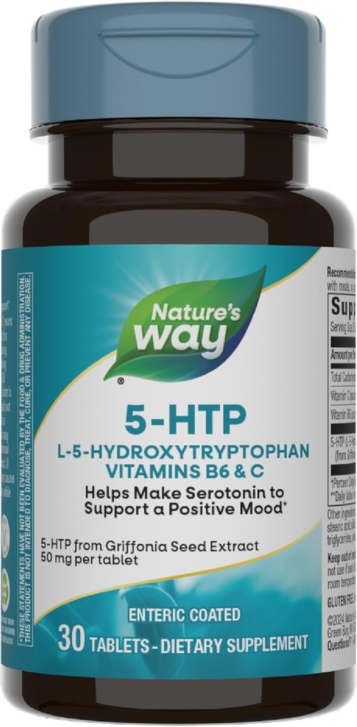 Nature's Way 5-HTP, L-5-Hydroxytryptophan, Helps Make Serotonin to Promote a Positive Outlook*, Vitamin B6, Vitamin C, Griffonia Bean Extract, 30 Tablets (Packaging May Vary)