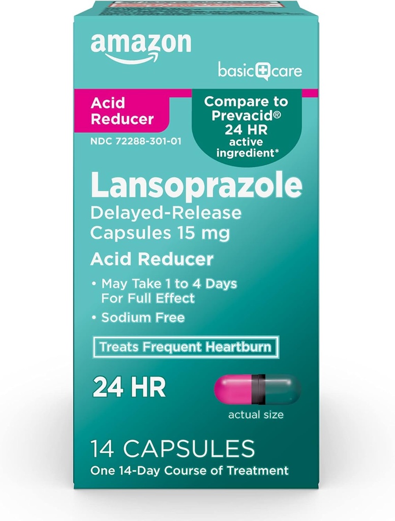 Cuidado básico Lansoprazole Delayed Release Capsules, 15 mg, Treats Frequent Heartburn, 14 Conde