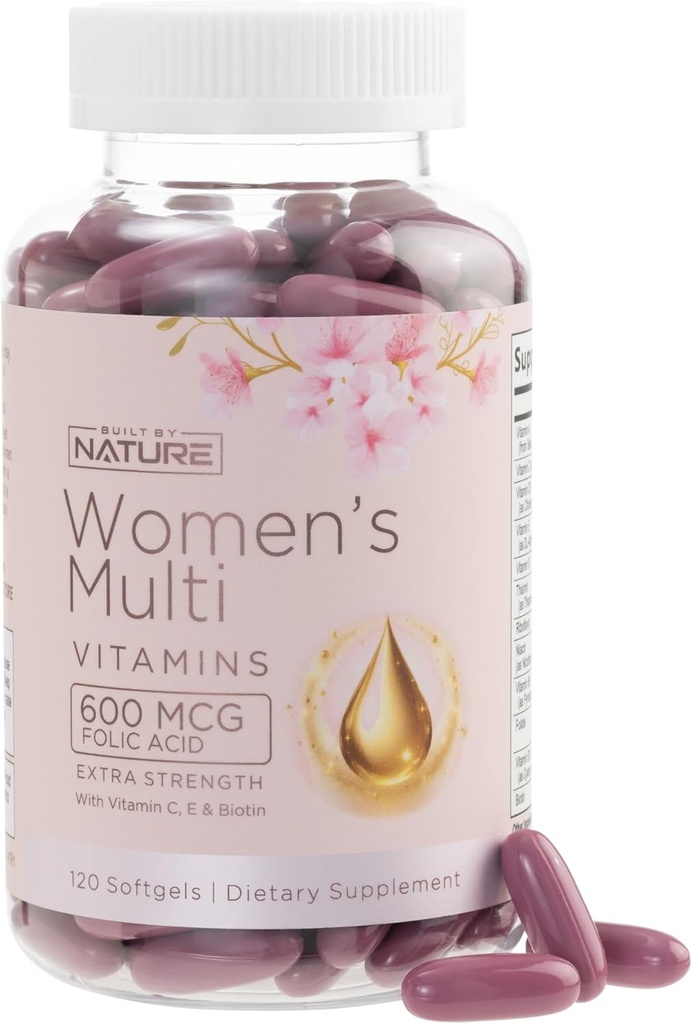 Construido por Vitaminas Naturales para Mujeres – Suplemento Multivitamínico diario completo de mujeres con A, B, C, D, E, Hierro, Calcio, Magnesio y Multi Minerales – Bienestar &amp; Apoyo a la Salud Inmune - 120 Softgels
