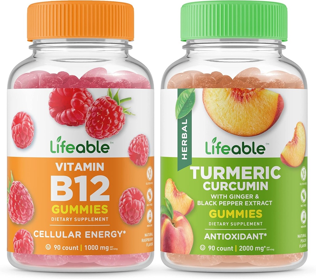 Lifeable Vitamin B12 + Turmeric Curcumin, Gummies Bundle - Great Tasting, Vitamin Supplement, Gluten Free, GMO Free, Chewable