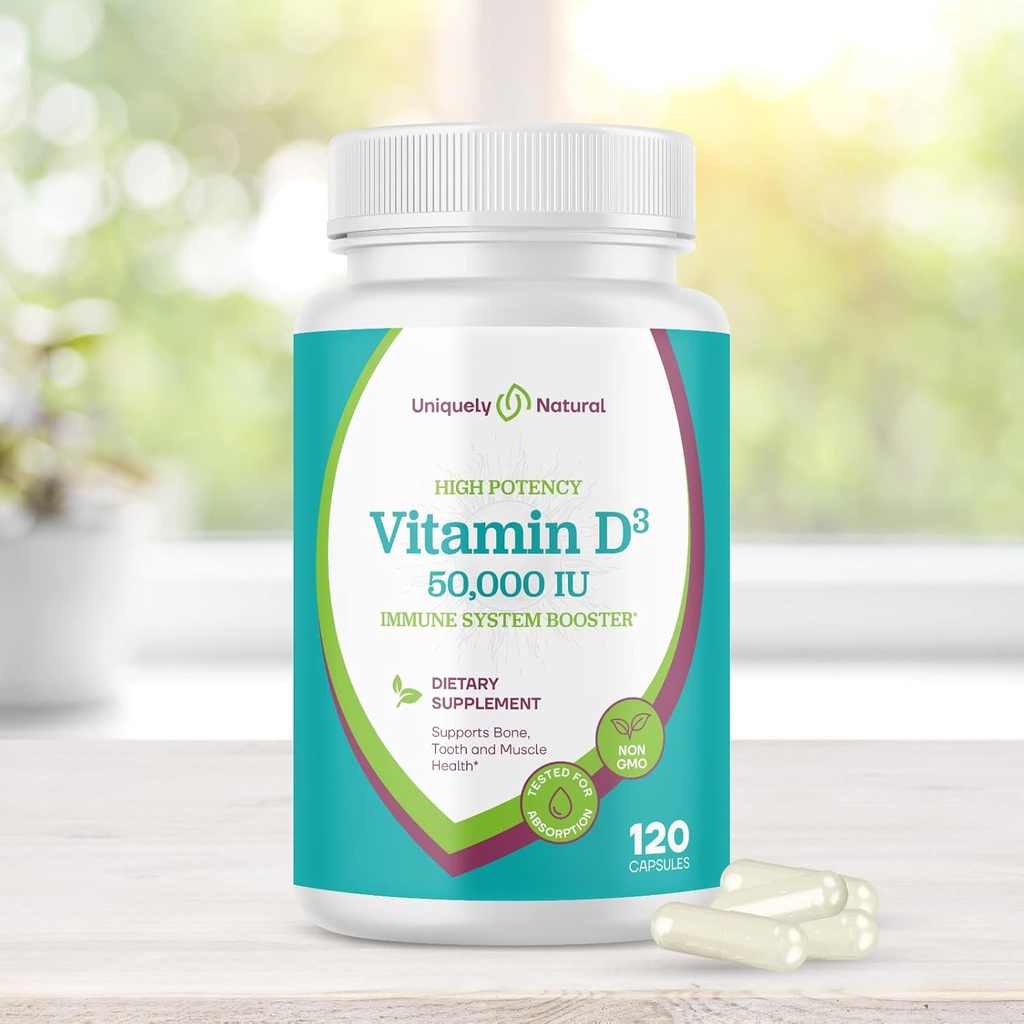 Vitamina D3 50.000 UI 125mcg cápsulas - 120 Suplementos Semanales Orgánicos, Píldoras Gratuitas Gluten, para Huesos Fuertes, Dientes, Apoyo Inmunitario - Hecho en EE.UU.