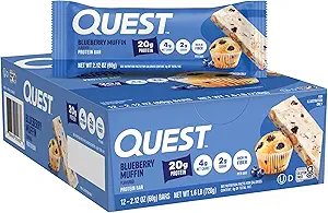 Quest Nutrition Blueberry Muffin Protein Bares, 20g Protein, 2g Sugar, 5g Net Carb, Gluten Free, Keto Friendly, 12 Conde
