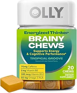 OLLY Energized Thinker Brainy Chews, 70 mg de cafeína, vitamina B12 &amp; Omega-3, Suplemento energético, Flavorado tropical, vegetariano, 20 Conde