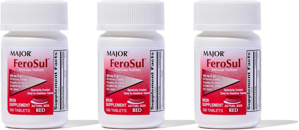 MAJOR Ferosul - Sulfato ferroso 325 mg Tabletas con 65 mg de hierro elemental - Suplemento de hierro para mujeres, hombres - rojo - 100 Tabletas (3 Pack)