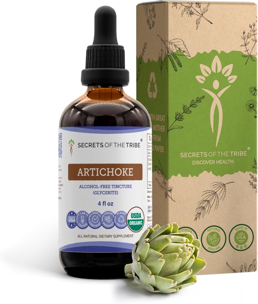 Secretos de la Tribe Artichoke USDA Orgánica ← Extracto sin alcohol, gotas herbales de alta potencia  Fabricado de 100% Certified Organic Artichoke (Cynara scolymus) Leaf seco 4 oz