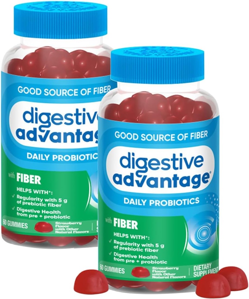Digestive Advantage Prebiotic Fiber Supplement Strawberry Flavor Gummies with Probiotics for Women & Men Digestive Health, Adults Regularity and Gut Health, 60 Count (2 Pack)