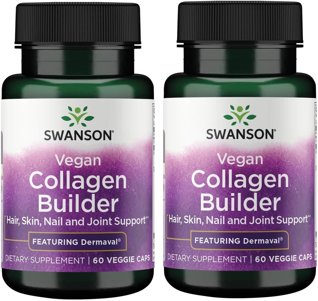 Swanson Vegan Collagen Builder - Destacando Dermaval - Pelo, Piel, Salud de uñas - 60 Veg Caps (2 Pack)