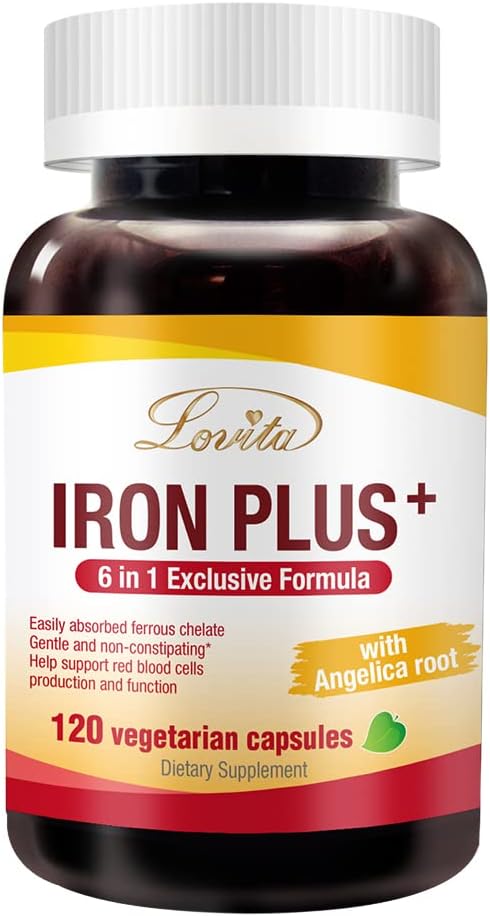 Lovita Iron 18 mg, 6 in 1 Iron Supplement for Women, Vitamin C, Dong Quai & B12, Vegan Vitamin to Support Red Blood Cell Production Without Constipation, 120 Capsules