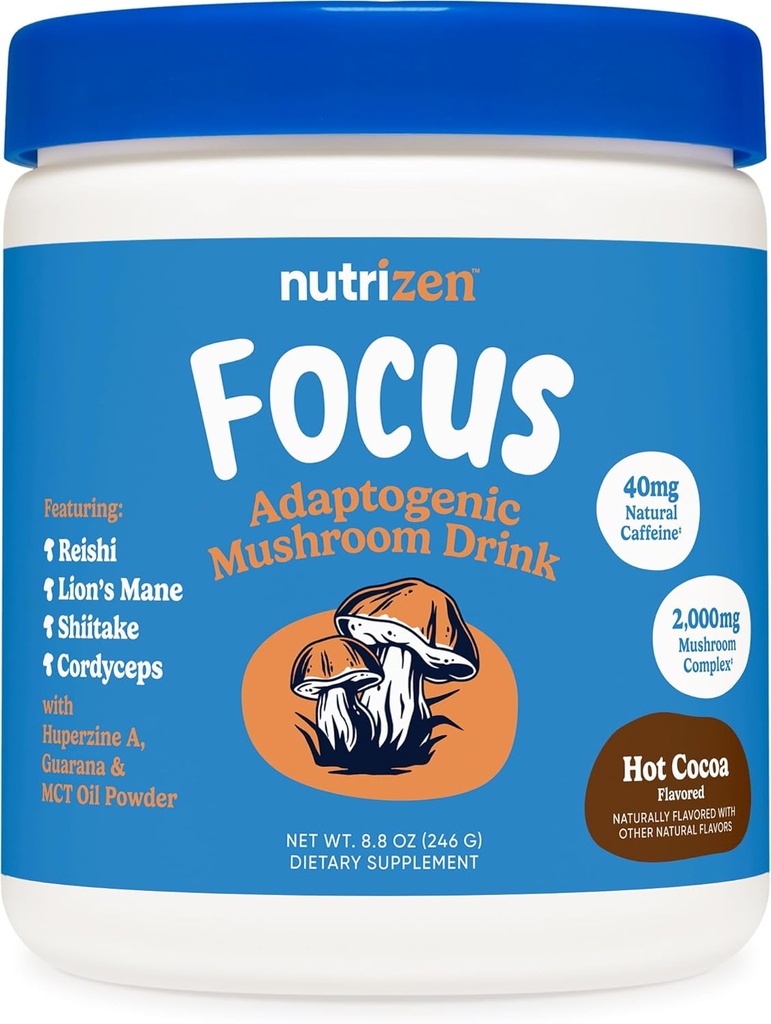 Nutricost Nutrizen AM Focus Adaptogenic Mushroom Drink (Hot Cocoa Flavored) 30 Servings - Incluye Reishi, Lion's Mane, Shiitake, Cordyceps