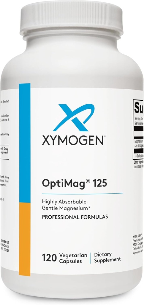 XYMOGEN OptiMag 125 - Magnesium Supplement with Di-Magnesium Malate & Glycinate Lysinate to Support Nerve, Muscle, Bone Health + Heart Health (120 Capsules)