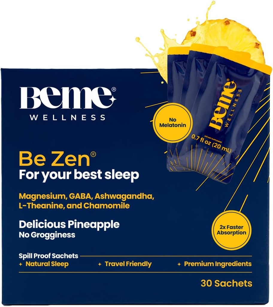 BeMe BeZen Sleep Aid Supplement Natural Without Melatonin - 2X Absorption Than Pills - Ayuda para adultos con Magnesio, Ashwagandha, Chamomile, L-Theanine & GABA - Delicious Pineapple