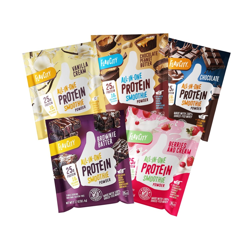 FlavCity Grass Fed Whey Protein Powder - Variety Pack - 25g Protein &amp; 10g Collagen - 5 Single Serve Packets - Hecho con Reishi orgánico & Cordyceps - Gluten Gratis &amp; No Añadido Sugares