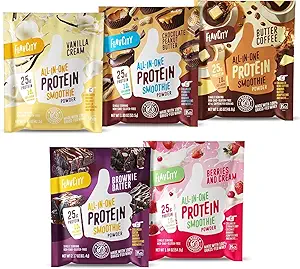 FlavCity Grass Fed Whey Protein Powder - Variety Pack - 25g Protein &amp; 10g Collagen - 5 Single Serve Packets - Hecho con Reishi orgánico & Cordyceps - Gluten Gratis &amp; No Añadido Sugares