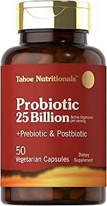 Tahoe Nutricionales Prebiótico, Probiótico " Postbiótico TEN 25 Billones CFU ANTE 50 Píldoras de Polvos Silencio para Hombres y Salud Digestiva de Mujeres TEN VÍgetariano y Suplemento No GMO