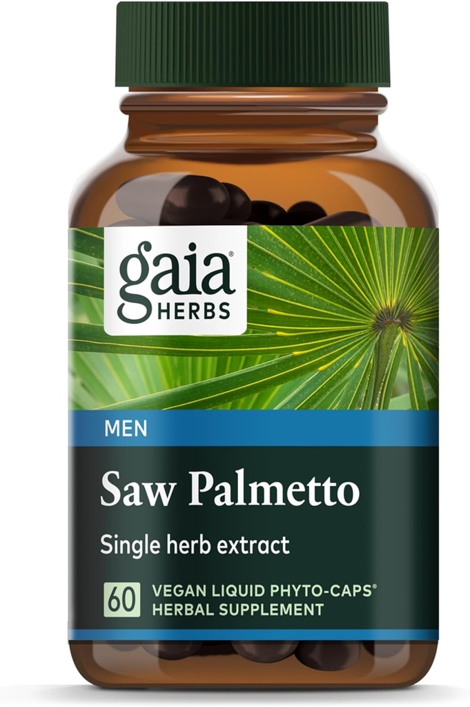 Gaia Herbs Saw Palmetto - Soporta la función saludable de la próstata para los hombres - Contiene Saw Palmetto y Lecithin de la semilla de girasol para apoyar la salud de los hombres - 60 Vegan Liquid Phyto-Capsules (30-Day Supply)