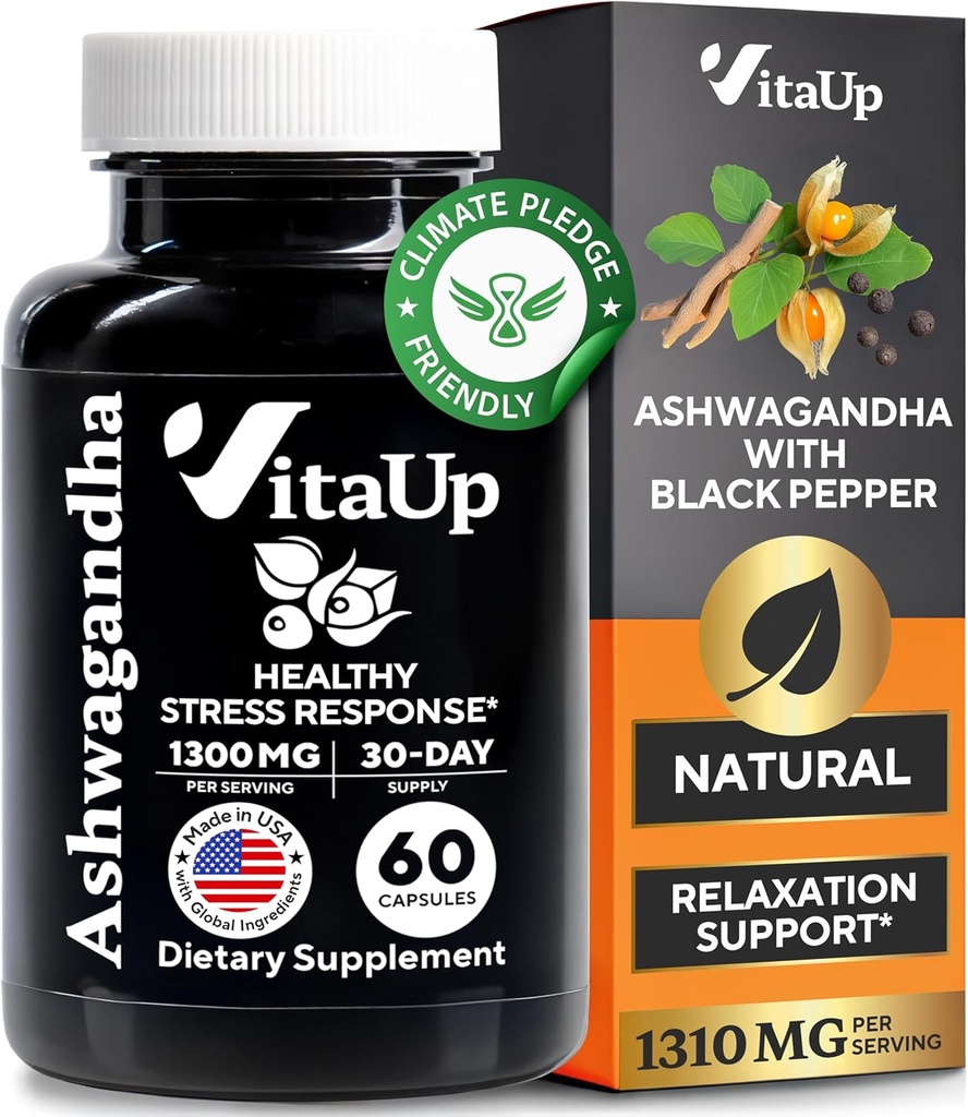 Ashwagandha capsules 1310mg con Black Pepper - USA hizo suplementos de Ashwagandha para el apoyo a la relajación, función cognitiva normal " Niveles de energía equilibrados – 60 caps