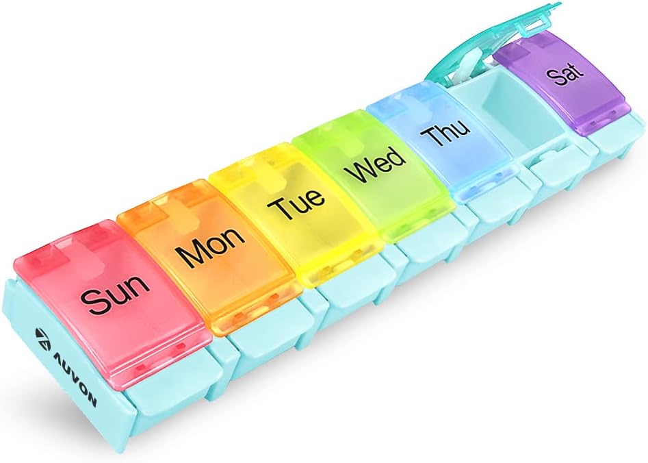 AUVON Organizador semanal de píldoras Artritis Friendly, BPA Free Travel 7 Day Pill Box Case with Spring Open Design and Large Compartment to Hold Vitamins, Cod Liver Oil, Supplements and Medication
