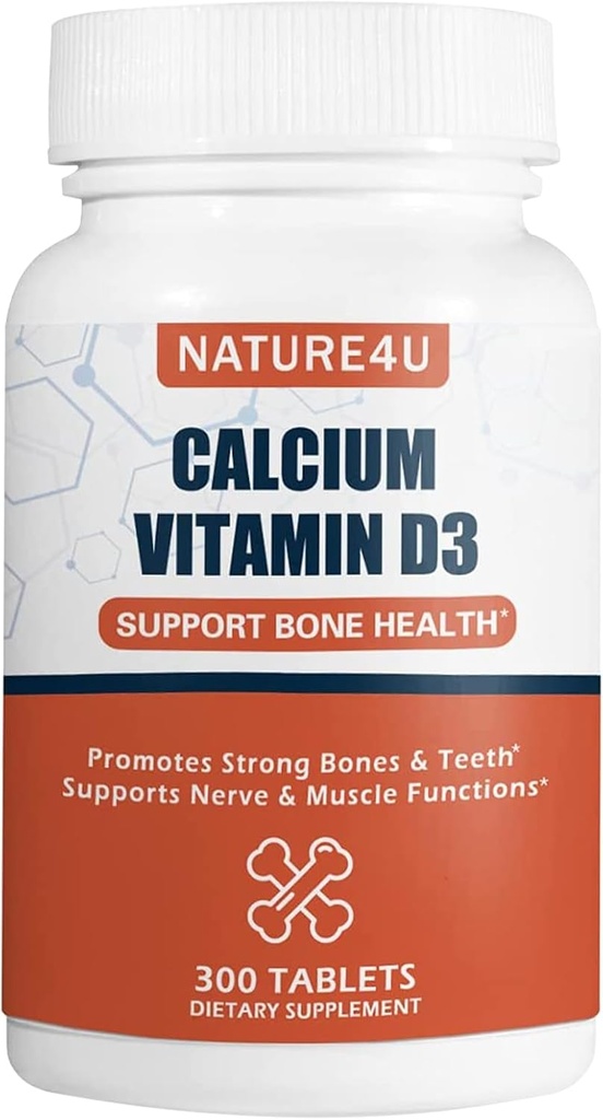 Calcio 1000 mg con vitamina D3, suplemento de salud ósea para adultos, apoyo Muscel Nerve Salud y absorción de calcio, 300 Tablet