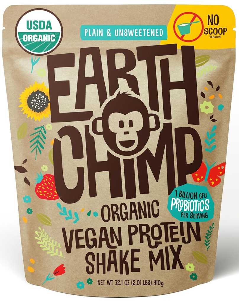 EarthChimp Organic Vegan Protein Powder - with Probiotics - Non GMO, Dairy Free, Non Whey, Plant Based Protein Powder for Women and Men, Gluten Free - 26 Servings 32 Oz (Plain &amp; Unsweetened) No Scoop