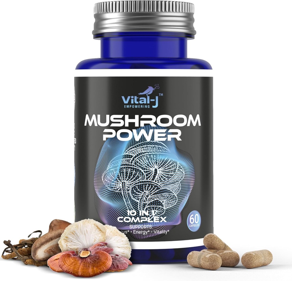 Mushroom Power Complex 10-in-1 W/Cordyceps, Reishi, Shiitake & Lions Mane, Nootropic Dietary Supplement for Gut Microbiome, Focus, Energy & Vitality - 60 Capsules