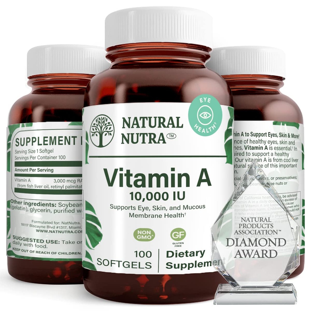 Vitamina Nutra Natural A 10,000 IU Softgels – High Potency Eye and Skin Vitamina sin gluten Un suplemento para la salud de la piel – Fish Liver Oil for Men and Women, Gluten Free 100 Softgels