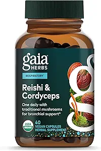 Gaia Herbs Respiratory Mushroom Blend - Immune Support Herbal Supplement to Help Maintain Global Lung and Respiratory Health - WIth Reishi and Cordyceps* Mushrooms - 40 Vegan Capsules (40-Day Supply)