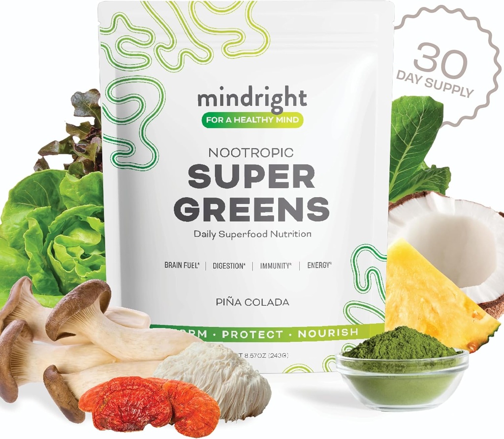 mindright Super Greens Powder - Supports Daily Wellness & Mental Clarity - Organic Green Powder Superfood - Alkalizing Organic Superfood Greens Blend - 1 Count - 30 Day Supply