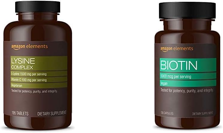 Elementos Complejo de Lysine con Vitamina C (1500 mg L-Lysine con 100 mg Vitamina C por Serving - 3 Tabletas), Soporta Salud Inmune, Vegetariano, 195 Conde (Paquete puede variar) y Elementos Vegan Biotina 5000 mcg - Pelo, Piel, Nails, 130 cápsulas (4 meses de suministro) (Los envases pueden variar)