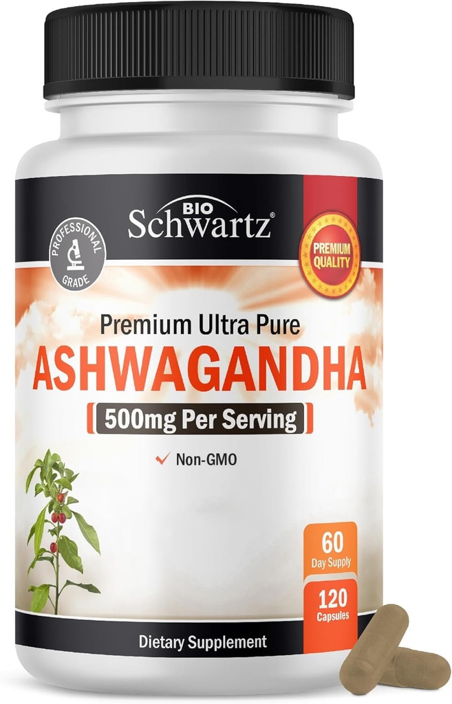 BioSchwartz Ashwagandha Supplements - Extra Strength Ashwagandha Capsules 500mg Por Serving - Gluten Free, Non-GMO, Made in The USA with Globally Sourcedients, 60 Servings (120 Cuenta)