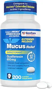 GenCare - Mucus Relief Guaifenesin 600mg (200 Tablets) Mucus Relief Expectorant for Congestion " Cough - Extended Release Tablets for immediately " Lasting Relief