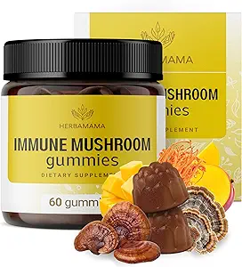 HERBAMAMA Immune Support Mushroom Gummies - Multi Mushroom Blend Complex for Antioxidant Support - Vegan, non-GMO Immunity Supplement - 60 Pectin-Based Mango-Flavored Chews