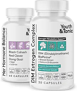 Jóvenes " Tonic Menopause " Apoyo a las mujeres a través del metabolismo estrógeno equilibrado – 90 píldoras con DIM Black Cohosh Red Clover Dong Quai Soy Isoflavones