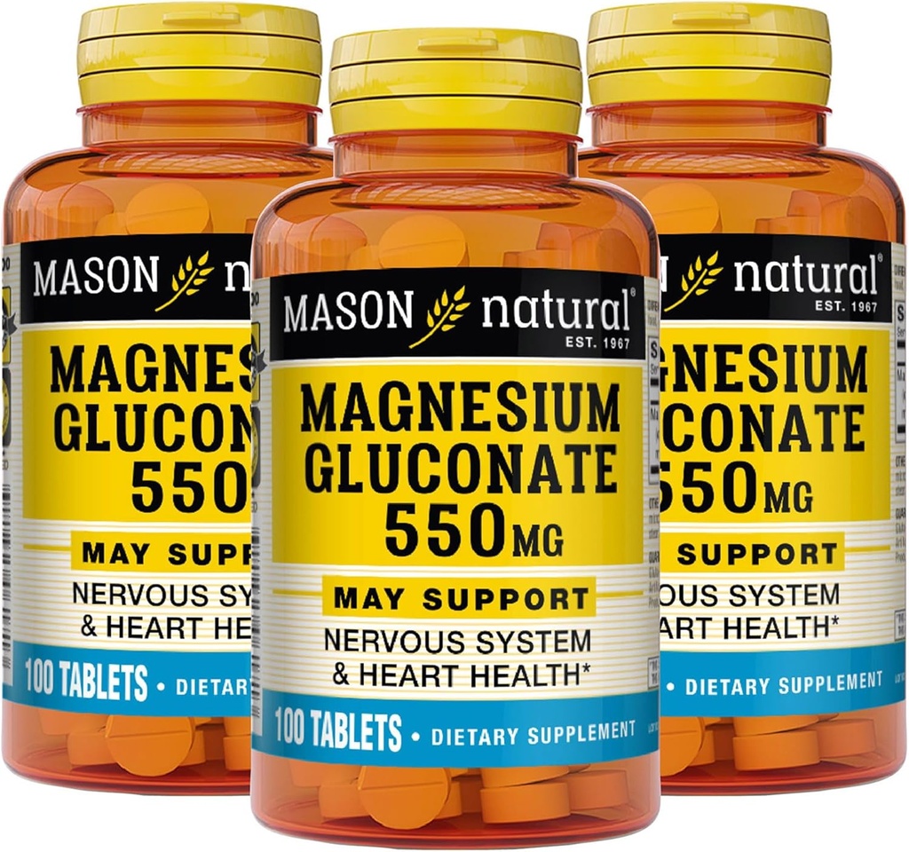 Masón Gluconato de Magnesio Natural 550 mg, 300 Day Supply for Normal Healthy Heart and Nervous System Support, 100 Tablets (Pack of 3)
