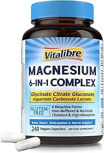 Magnesio Complejo de Magnesio Suplemento 6 en 1, 1160mg Magnesio Chelated para Max Absorción, Ayuda con mejor sueño, relajación &amp; Nerve Calm, 240 cápsulas Vegan, no GMO &amp; Gluten Gratis