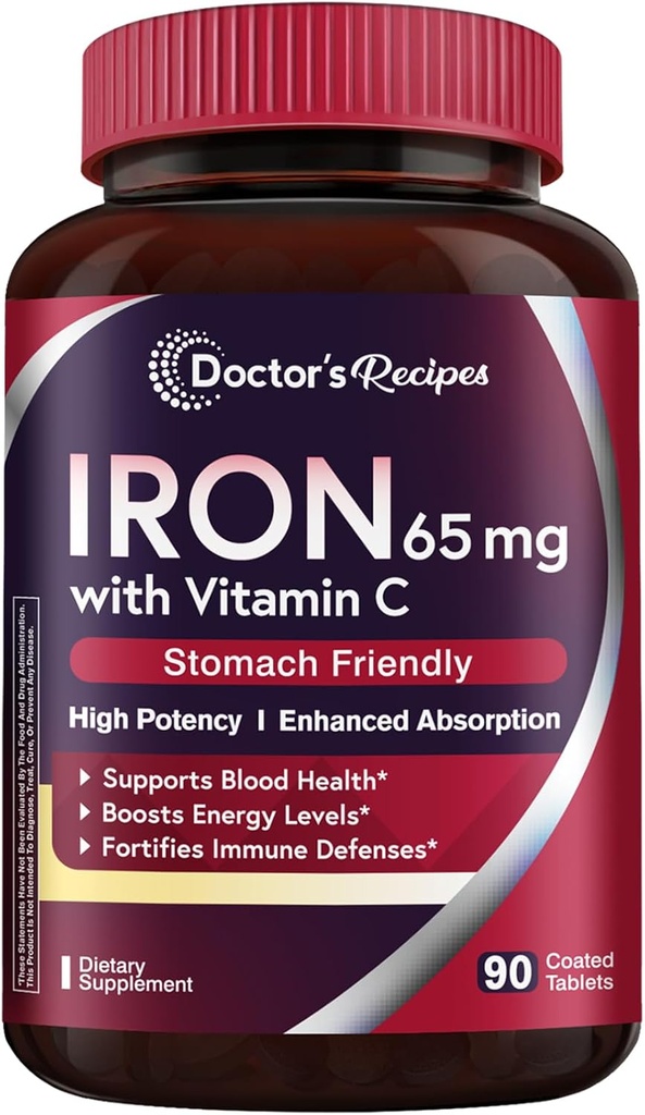 Recetas del médico Suplemento de hierro 65 mg con vitamina C - Absorción máxima " píldoras de hierro amigables para la formación de células rojas de sangre, corazón, cerebro " salud de inmunidad - Vegan no GMO 90 tabletas de hierro