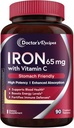 Recetas del médico Suplemento de hierro 65 mg con vitamina C - Absorción máxima " píldoras de hierro amigables para la formación de células rojas de sangre, corazón, cerebro " salud de inmunidad - Vegan no GMO 90 tabletas de hierro