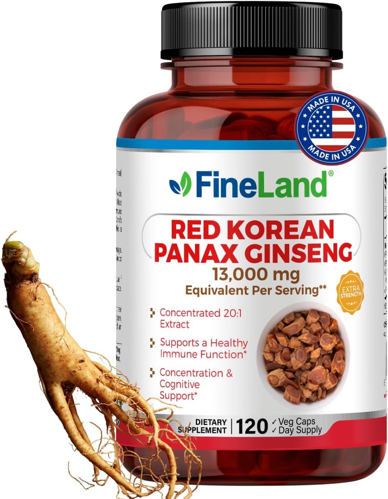 FineLand Red Korean Panax Ginseng 13,000 mg - Max Strength 20:1 Extract - Concentrated Immune & Cognitive Support Supplement for Men &amp; Women - 120 Veggie Capsules