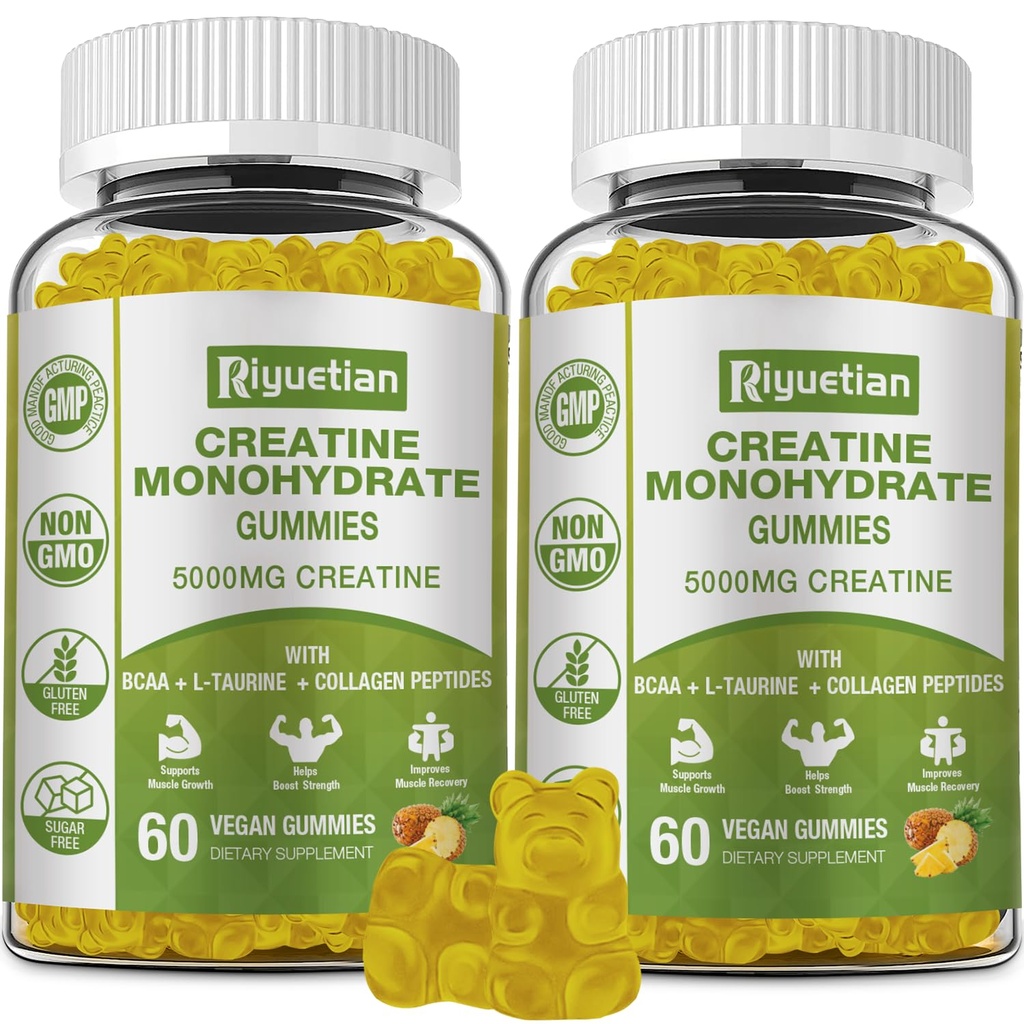 Cretina Monohydrate Gummies, Creatina para Hombres &amp; Mujeres, Creatina Chewable para mejorar el foco y la resistencia, 5g Creatina por Ser, Libre de Azúcar, 120 Conde