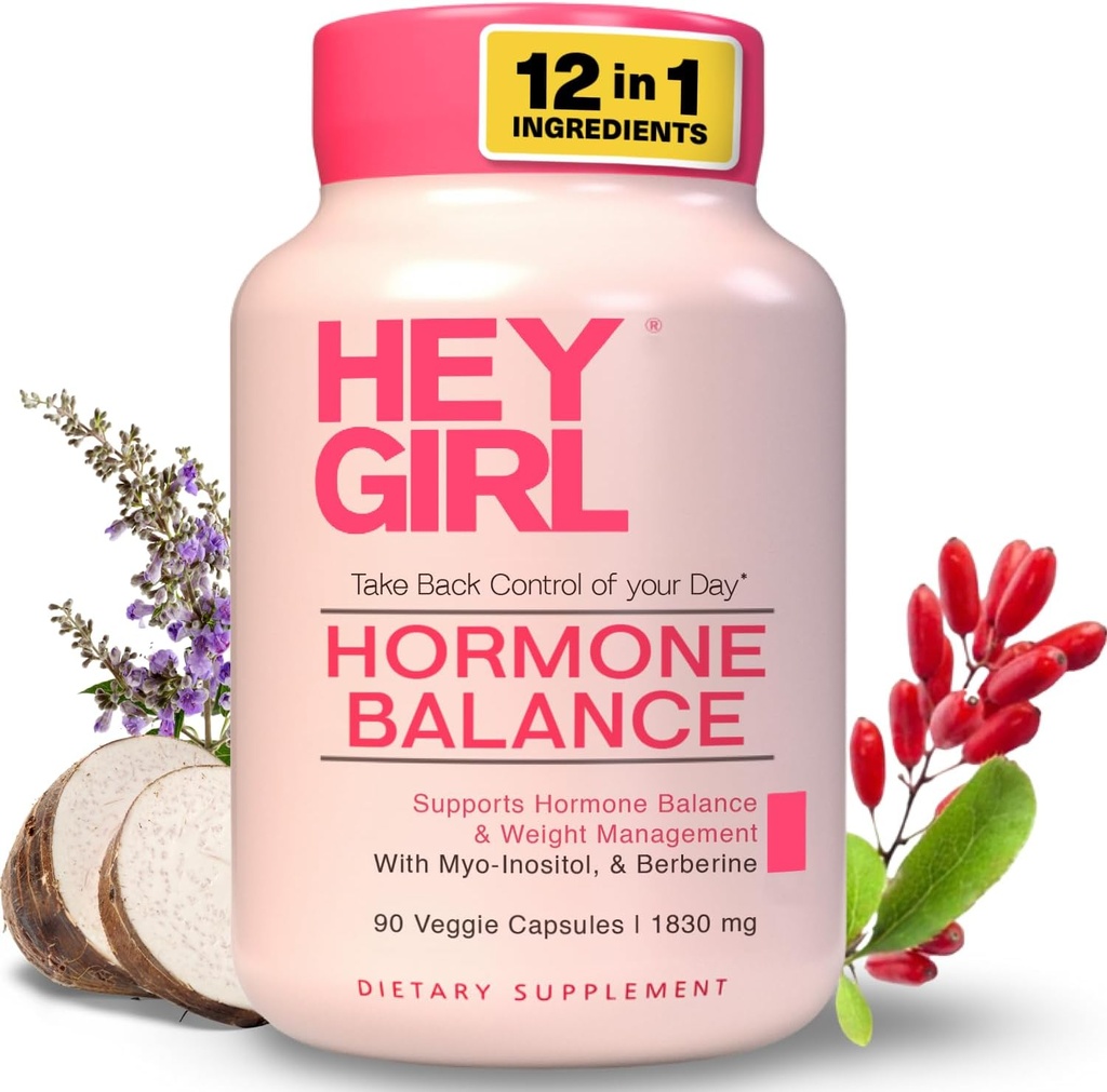 Hey Girl Hormone Balance for Women – 12in1 for Menopause, PCOS, PMS, Mood, Hot Flash, Hormonal Support– w Myo-Inositol, Berberine, Maca Root, Black Cohosh, DIM, Dong Quai