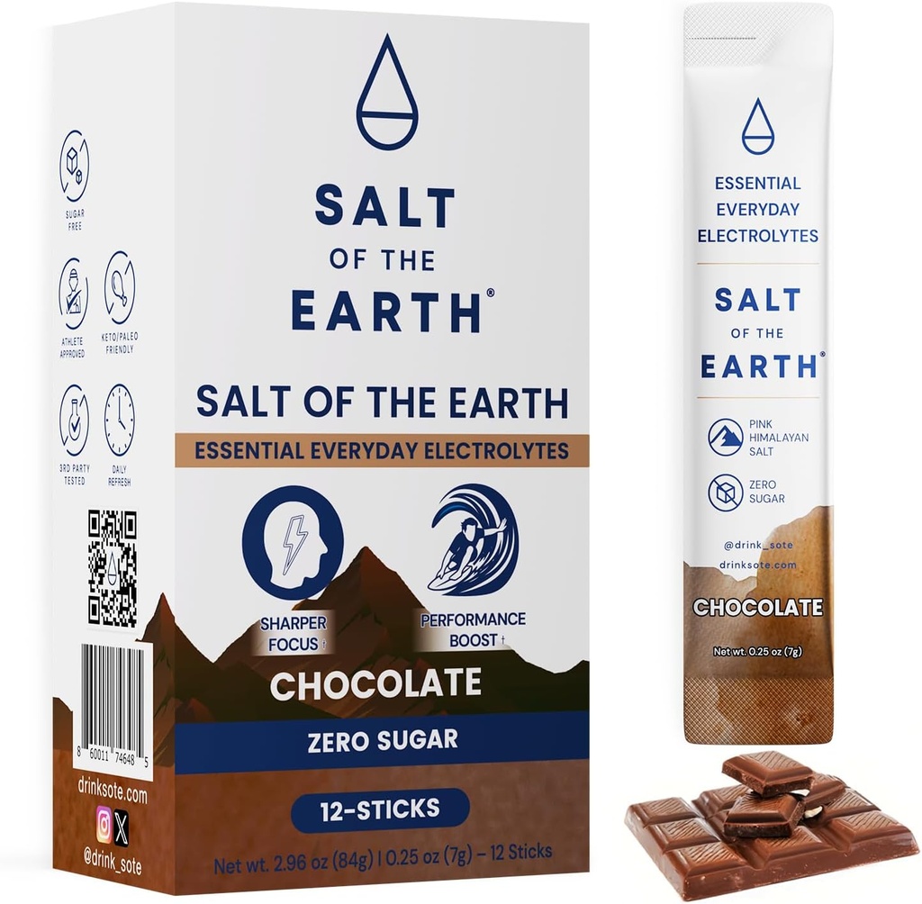 Salt of the Earth Premium Zero-Sugar Electrolyte - Made with Pink Himalayan Salt - Hydration Powder Packets ← Ingredientes Premium TEN Keto & Paleo Friendly TEN 12 Sticks, Chocolate