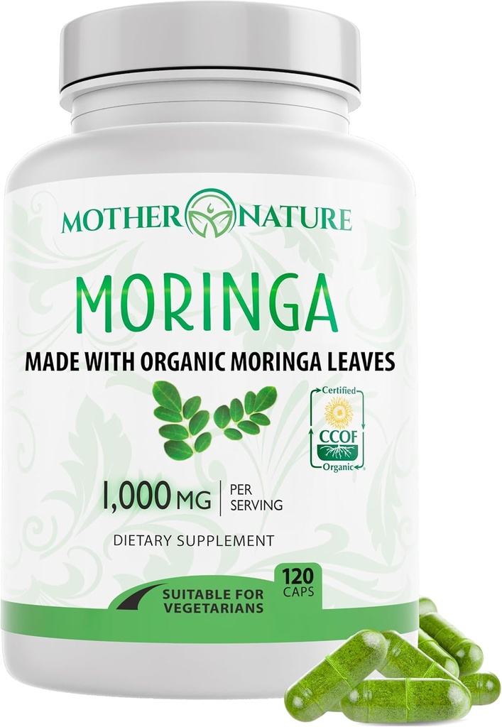 Madre Naturaleza Orgánica Moringa Capsules – Orgánica Moringa Leaf Powder, Origen Único, Energía &amp; Apoyo Inmunitario, Metabolismo, Focus, Vitamina C – Vegan, 500 mg, 120 cápsulas
