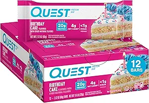 Quest Nutrition Bares de proteína de pastel de cumpleaños, 20g Proteína, 1g Sugar, 4g Net Carbs, Gluten Free, Keto Friendly, 12 Condes