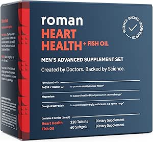 ROMAN Heart Health ← Suplemento nutricional diario de los hombres para soporte cardiovascular, características Magnesio, vitaminas K + D3, CoQ10 y Spirulina TEN 30-Day Supply (120 Tablet + 60 Fish Oil Softgels)