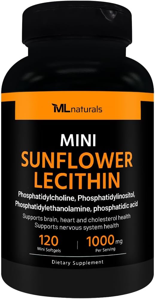 ML Naturals Mini Sunflower Lecithin 1000 mg 120 Softgels, Fácil de Swallow, apoya la salud cerebral. No GMO, NSF-Certified " cGMP-Compliant