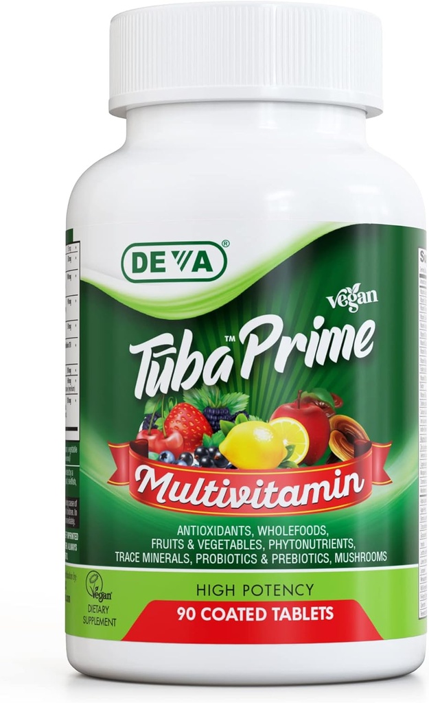 DEVA Tuba Prime Vegan Multivitamina - Suplemento dietético de alta potencia de vitaminas y minerales - Antioxidantes, frutas y hortalizas, super hongos, probióticos, prebióticos, semillas, hierbas - 90 Tabletas