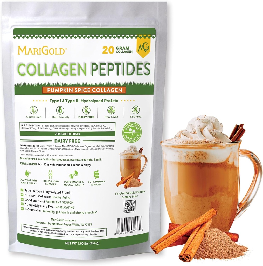MariGold Grass-fed Collagen Peptides Powder Pumpkin Spice 1LB - 100% Puro, Tipo I & III Bovine Hydrolyzed Collagen, Non-GMO, Hormon Free, Soy Free, Gluten Free, Dairy Free, Keto-Friendly
