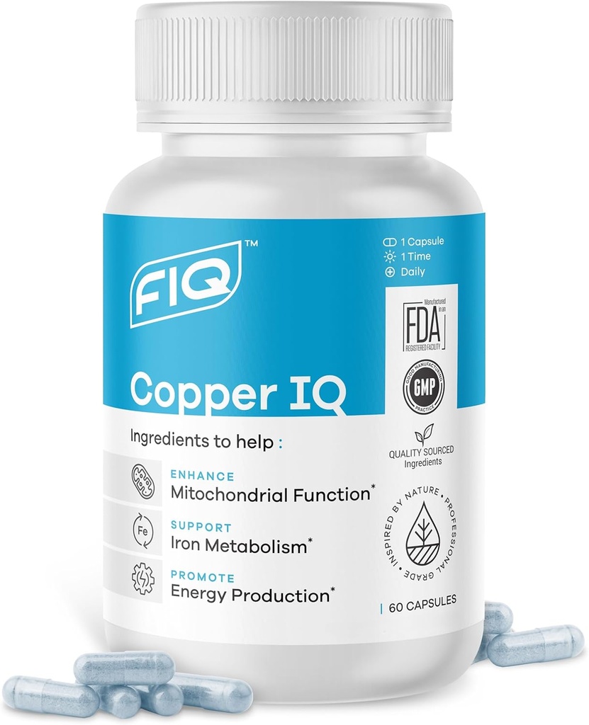 FIQ - Cobre IQ - Suplementos de cobre con Cobre Bisglycinate - Apoyo energético y apoyo mitocondrial - Cobre Chelated, Alta Absorción - 60 cápsulas