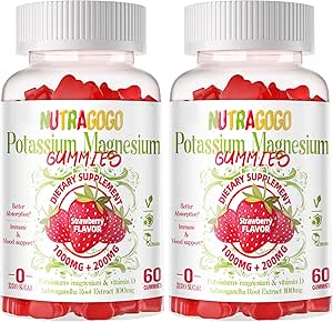 Potasio Magnesio Gummies,Potasio Suplemento w/Ashwagandha, Alta Absorción Magnesio Glycinate,B6,D3, Citrato de potasio,Electroyte para Adultos Niños, Libre de azúcar, 60 cerdas de fresa